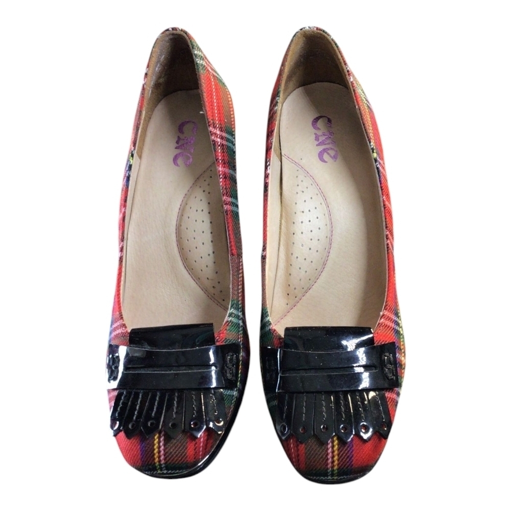 CNE Red and Black Plaid Loafers with Fringe Accents - Picture 5 of 5